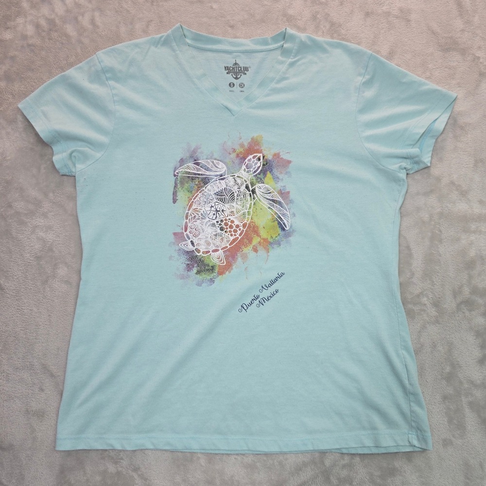 Yacht Club Puerto Vallarta Mexico Sea Turtle V-Neck T-Shirt Blue Small Souvenir